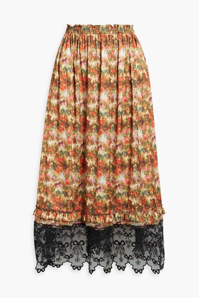 Lace-trimmed floral-print satin midi skirt