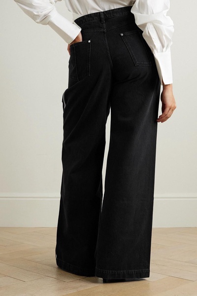 Striped distressed mid-rise wide-leg jeans