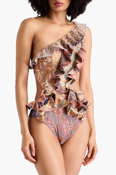 Devi one-shoulder ruffled paisley-print swimsuit