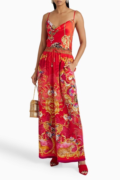 Embellished printed silk crepe de chine wide-leg pants