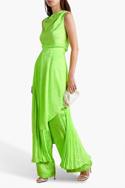 Asymmetric pleated printed satin maxi skirt