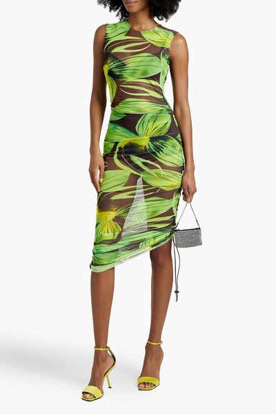 Asymmetric printed stretch-mesh dress