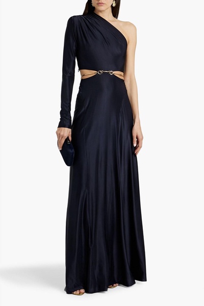 One-sleeve cutout embellished satin-jersey gown