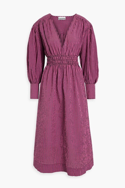 Shirred gingham seersucker midi dress