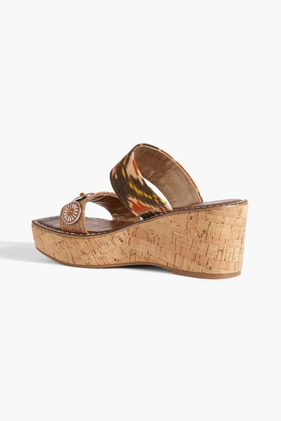 Abril embellished printed canvas and faux raffia wedge mules