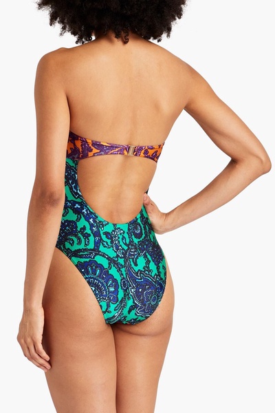 Cutout paisley-print bandeau swimsuit