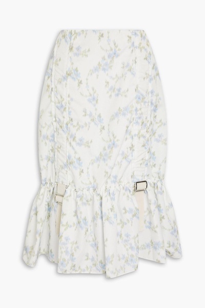 Buckle-detailed ruffled floral-print taffeta midi skirt