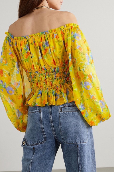 Sage off-the-shoulder floral-print silk-chiffon top