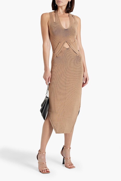 Cutout ribbed-knit halterneck midi dress