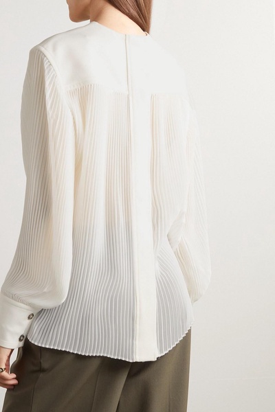 Crepe-paneled plissé-chiffon blouse