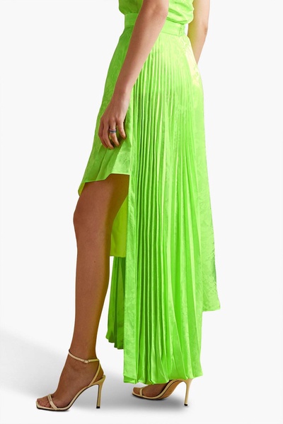 Asymmetric pleated printed satin maxi skirt