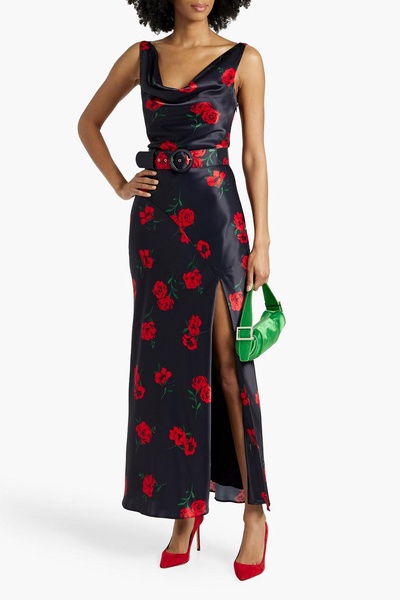 Valentine draped belted floral-print satin maxi dress