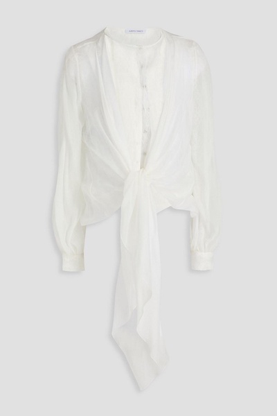 Tie-front layered silk-voile and corded lace blouse