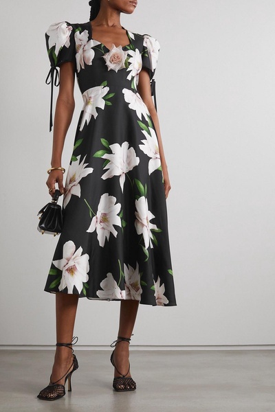 Embellished floral-print silk-twill midi dress