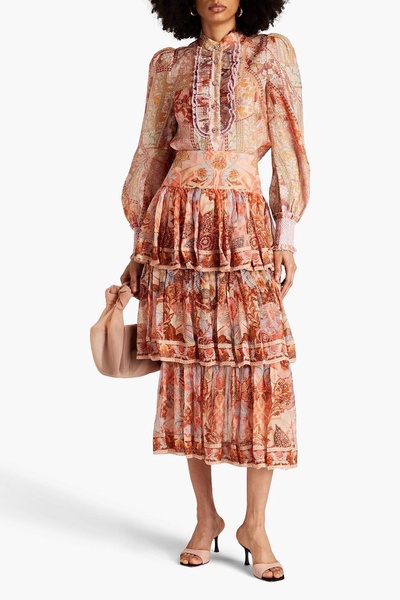 Tiered printed silk-crepon midi skirt