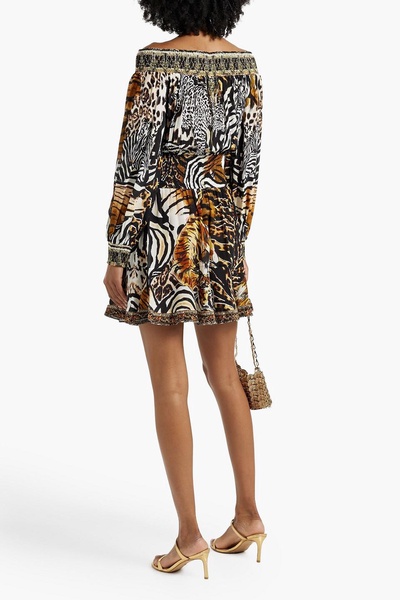 Off-the-shoulder crystal-embellished printed silk crepe de chine mini dress