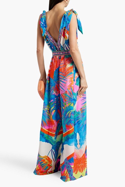 Crystal-embellished printed silk crepe de chine wide-leg jumpsuit