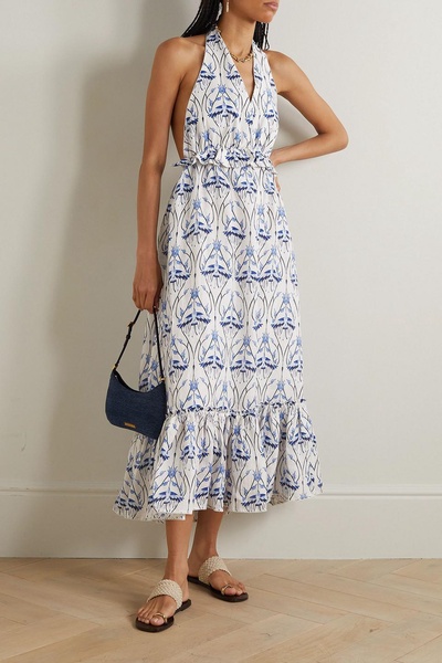 Saba Cometa ruffled printed linen halterneck midi dress