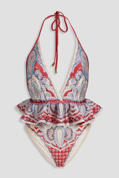 Ruffled paisley-print halterneck swimsuit