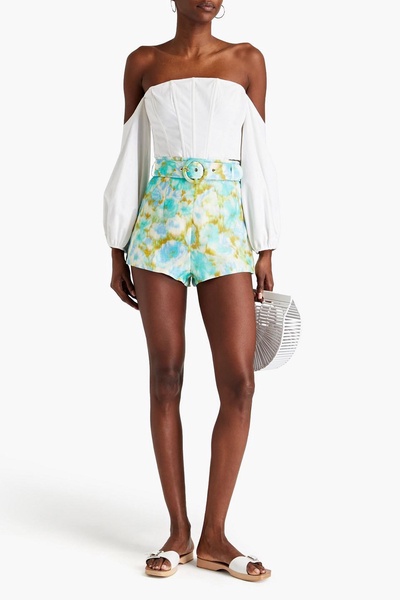 Belted floral-print linen and silk-blend shorts