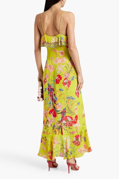 Crystal-embellished ruffled printed silk crepe de chine maxi wrap dress