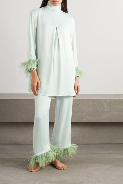 Feather-trimmed satin pajama set