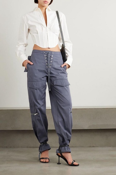 Lace-up  cotton-blend twill wide-leg pants