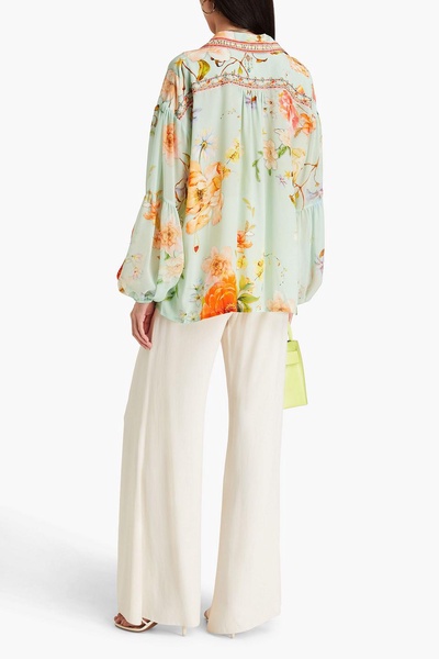 Crystal-embellished floral-print silk crepe de chine blouse