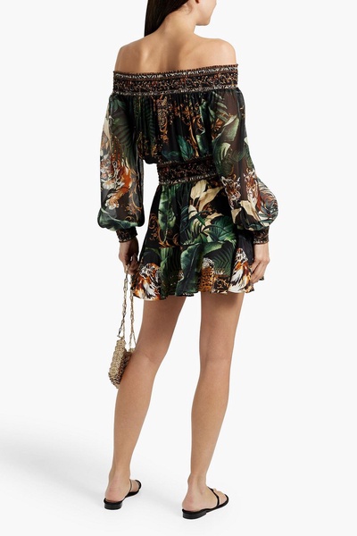 Off-the-shoulder crystal-embellished printed silk crepe de chine mini dress