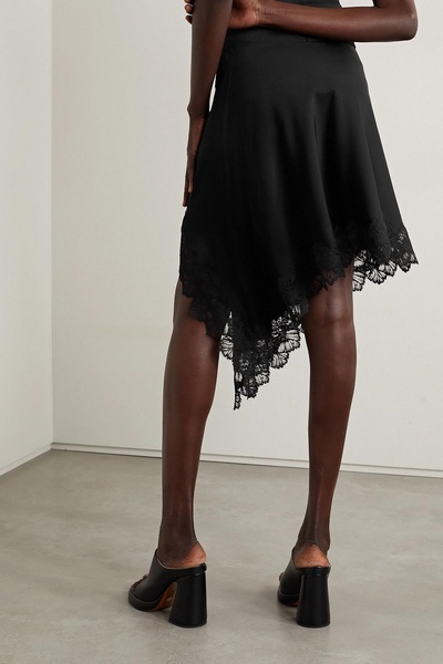 Asymmetric wrap-effect lace-trimmed satin mini skirt