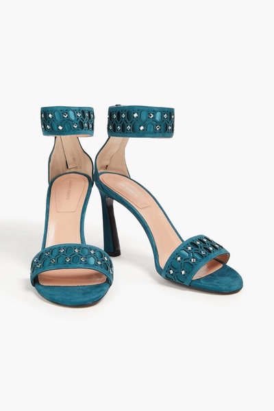 Crystal-embellished laser-cut suede sandals