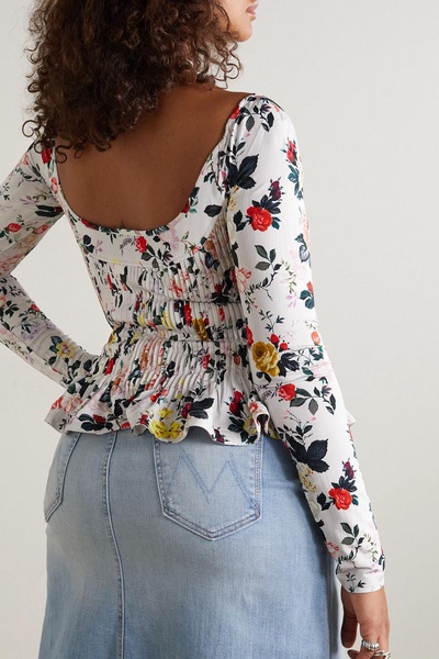 Shirred floral-print stretch-jersey blouse