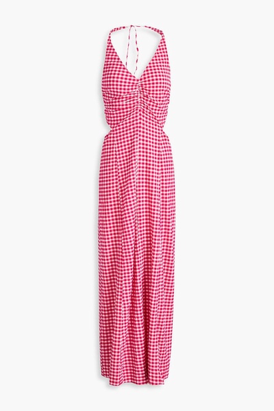 Ruched gingham stretch-seersucker maxi dress