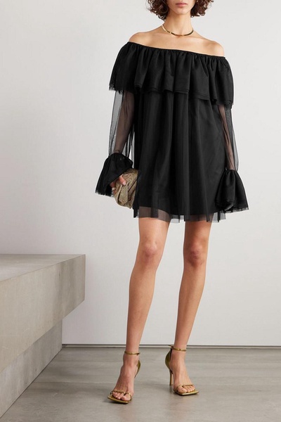 Thelma off-the-shoulder ruffled chiffon mini dress