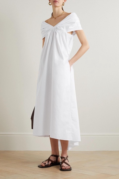 Off-the-shoulder ruched cotton-poplin midi dress