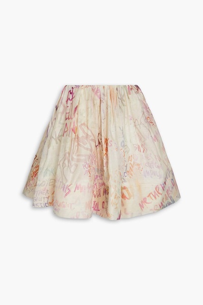 Gathered printed linen and silk-blend gauze mini skirt