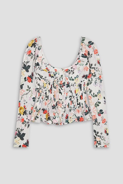 Shirred floral-print stretch-jersey blouse