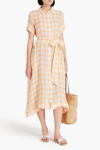 Belted checked linen-blend gauze midi shirt dress