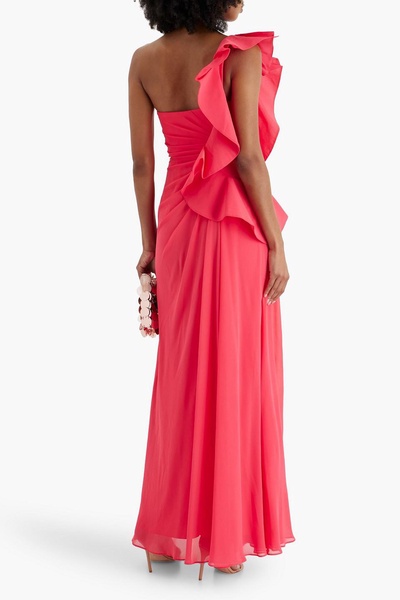 One-shoulder ruffled chiffon gown