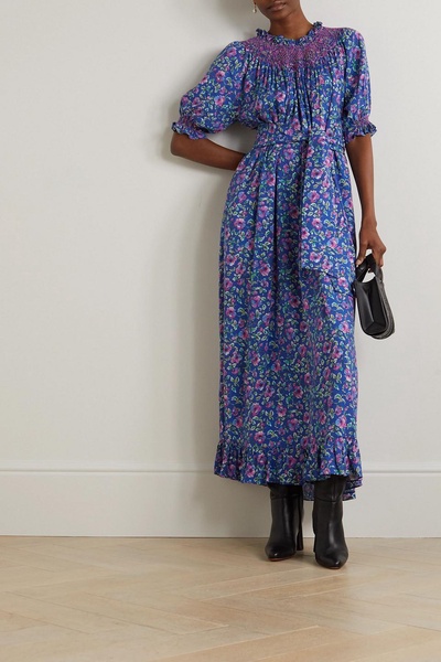 Loretta belted embroidered floral-print woven maxi dress