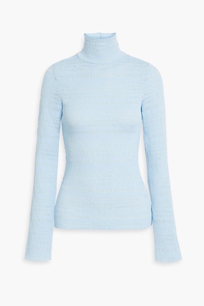 Shirred stretch-mesh turtleneck top