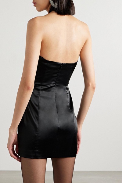 Strapless crystal-embellished draped satin mini dress