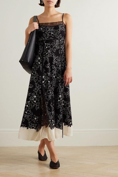 Lace-trimmed floral-print crepe and georgette midi dress