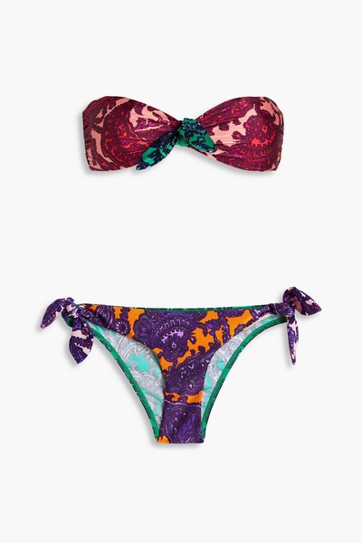 Bow-detailed printed bandeau bikini