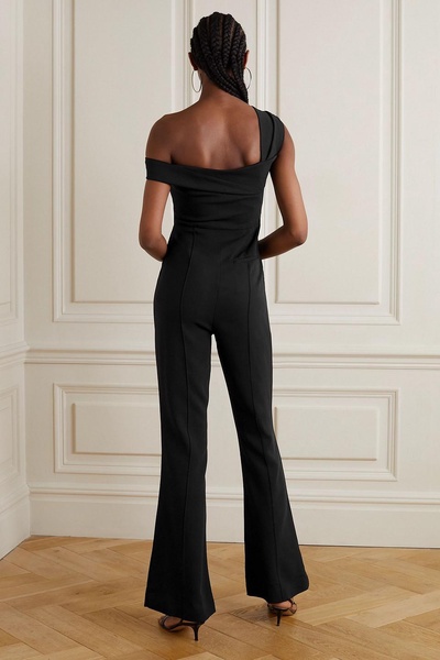 One-shoulder twist-front stretch-cady jumpsuit