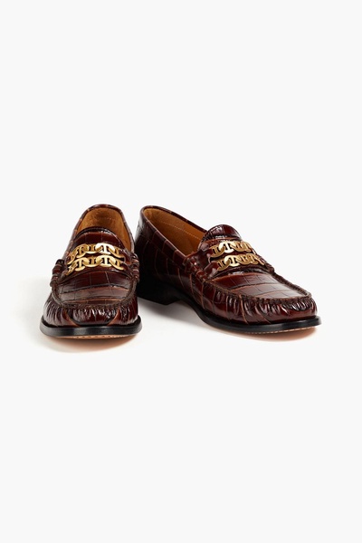 Chain-embellished croc-effect leather loafers