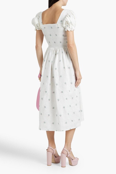 Belle shirred floral-print linen midi dress