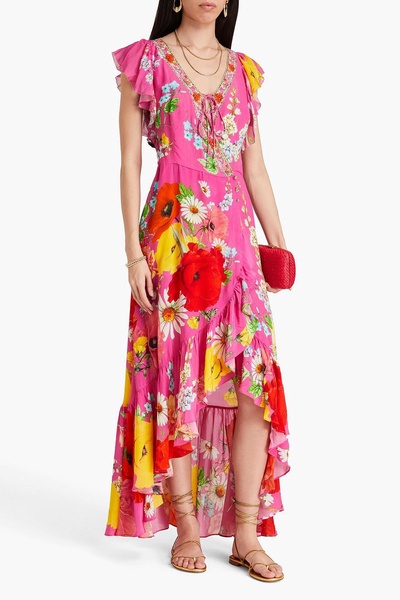 Embellished ruffled floral-print silk crepe de chine wrap dress