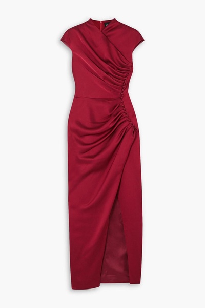 Button-embellished draped satin midi dress