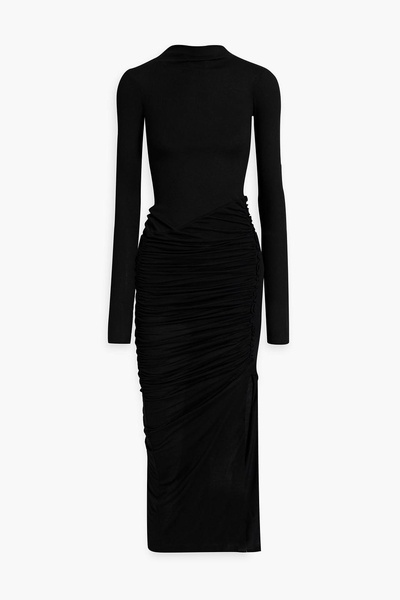 Cutout ruched jersey turtleneck midi dress